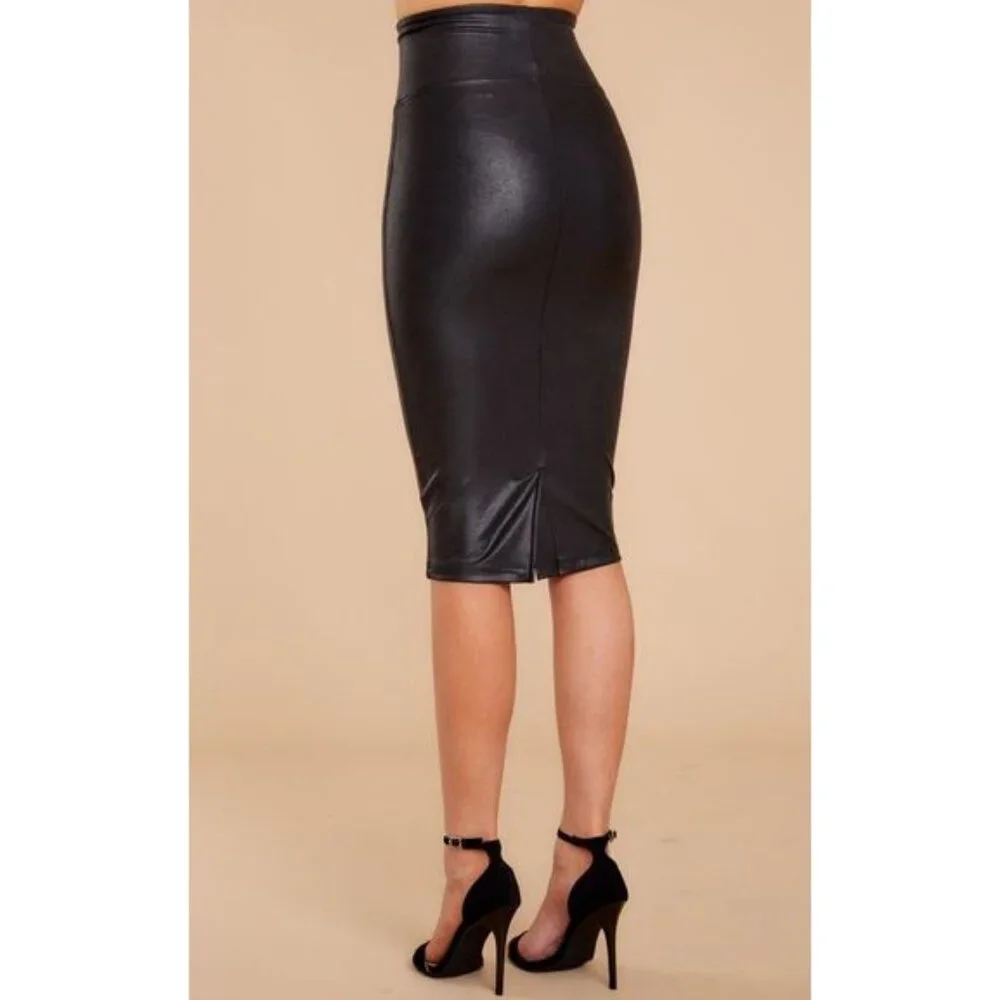 Spanx Faux Leather Pencil Skirt Very Black High-Waist Shiny Stretchy Edgy Midi
